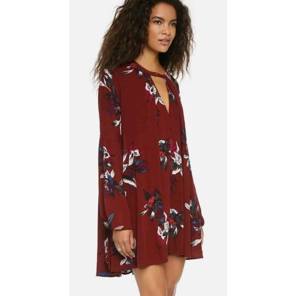Free People Electric Orchid Print Swing Tunic Oxblood Top XS oversized - Picture 1 of 10